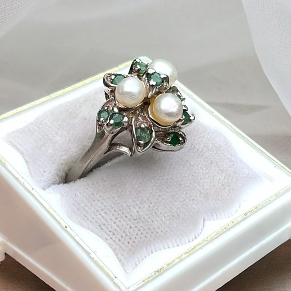🌺Vintage Sterling Genuine Emerald/Pearl Ring - Picture 3 of 12